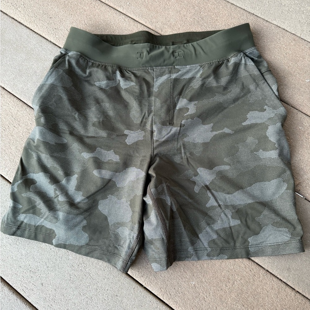 Lululemon Green Athletic Shorts with Camouflage Pattern